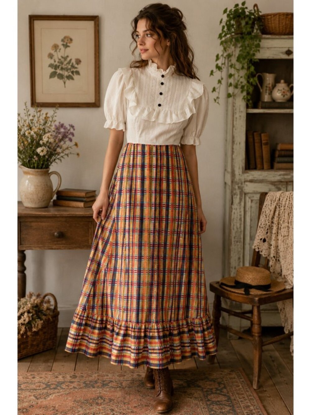 Vintage Duchess Jr. Prairie Dress White Ruffle Blouse Plaid Maxi Dress